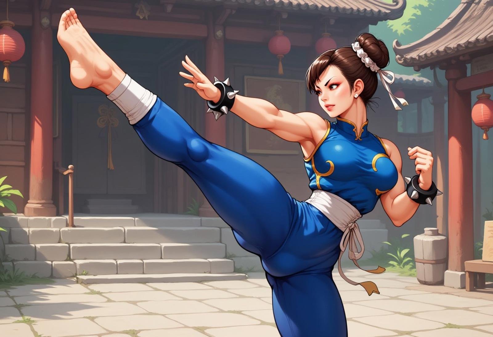 Chunli on one foot, profile view, high kick, kicking, sleeveless blue top, tight blue leggings, spiked bracelet, temple background, barefoot