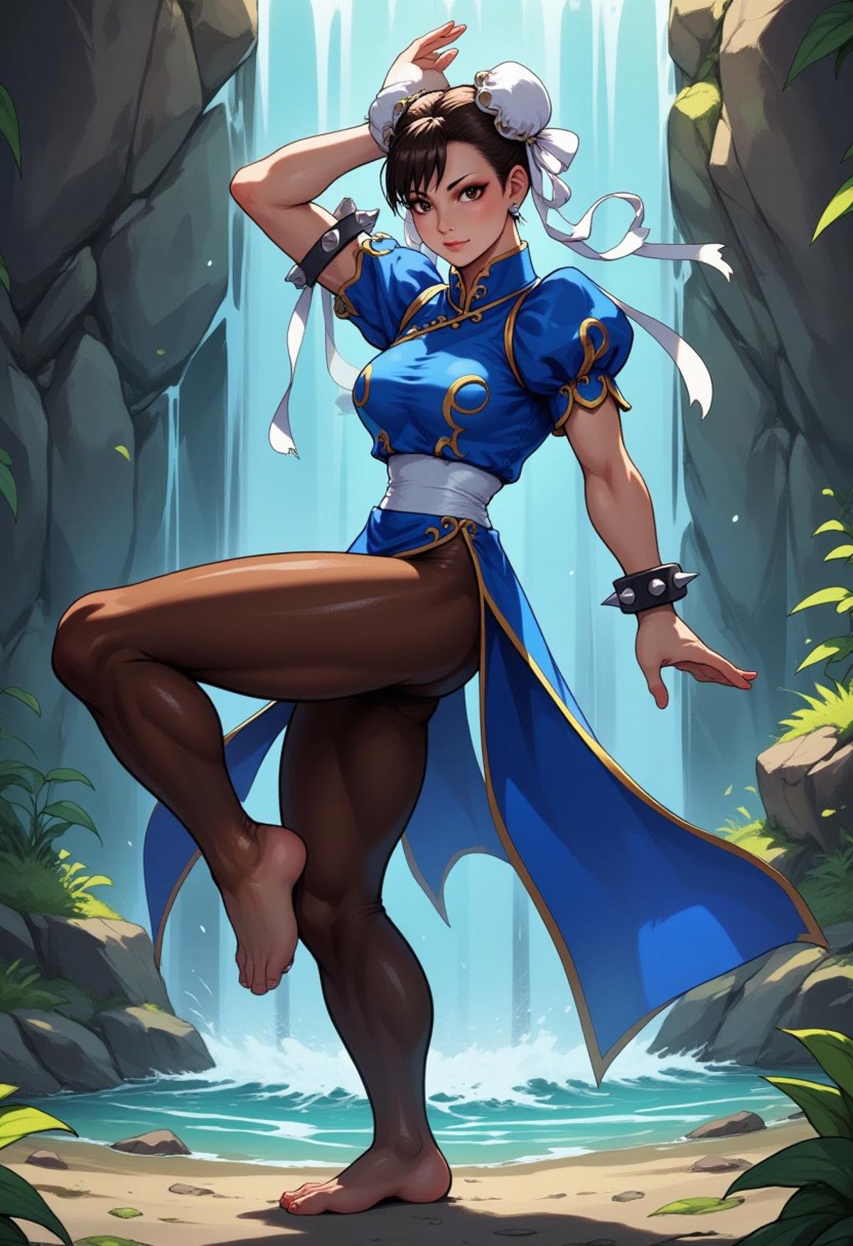 Chunli on one foot, leg up, blue chinese dress, pelvic curtain, pantyhose, spiked bracelet, nature background, waterfall, defensive stance