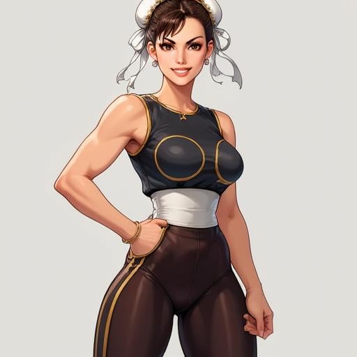 An upper body image of Chunli wearing a sleeveless top and tight legging, with a smile.