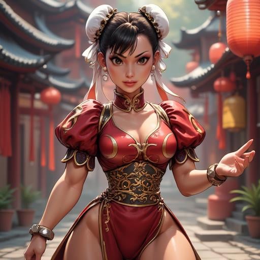 An image of Chunli  in her battle stance, wearing her chinese dress, with a temple background