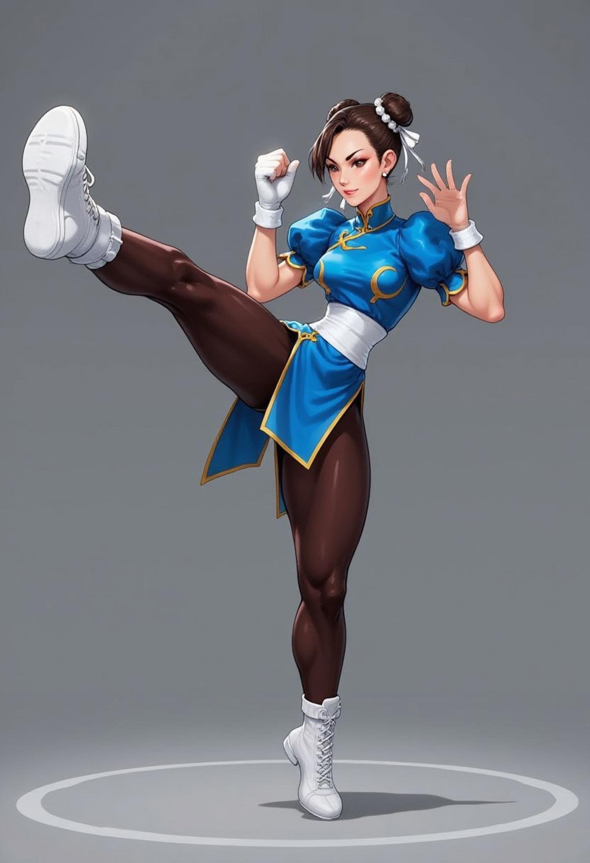 Game render image of Chunli wearing a blue chinese dress, pantyhose, pelvic curtain, on one foot, leg raised into a kick towards the viewer, showing the sole of her pantyhose covered foot.