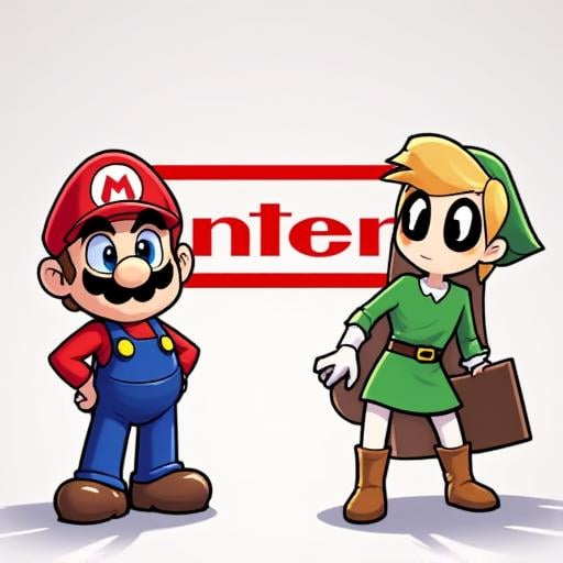 hhstyle animation picture of Mario and Link standing on either side of the Nintendo logo.