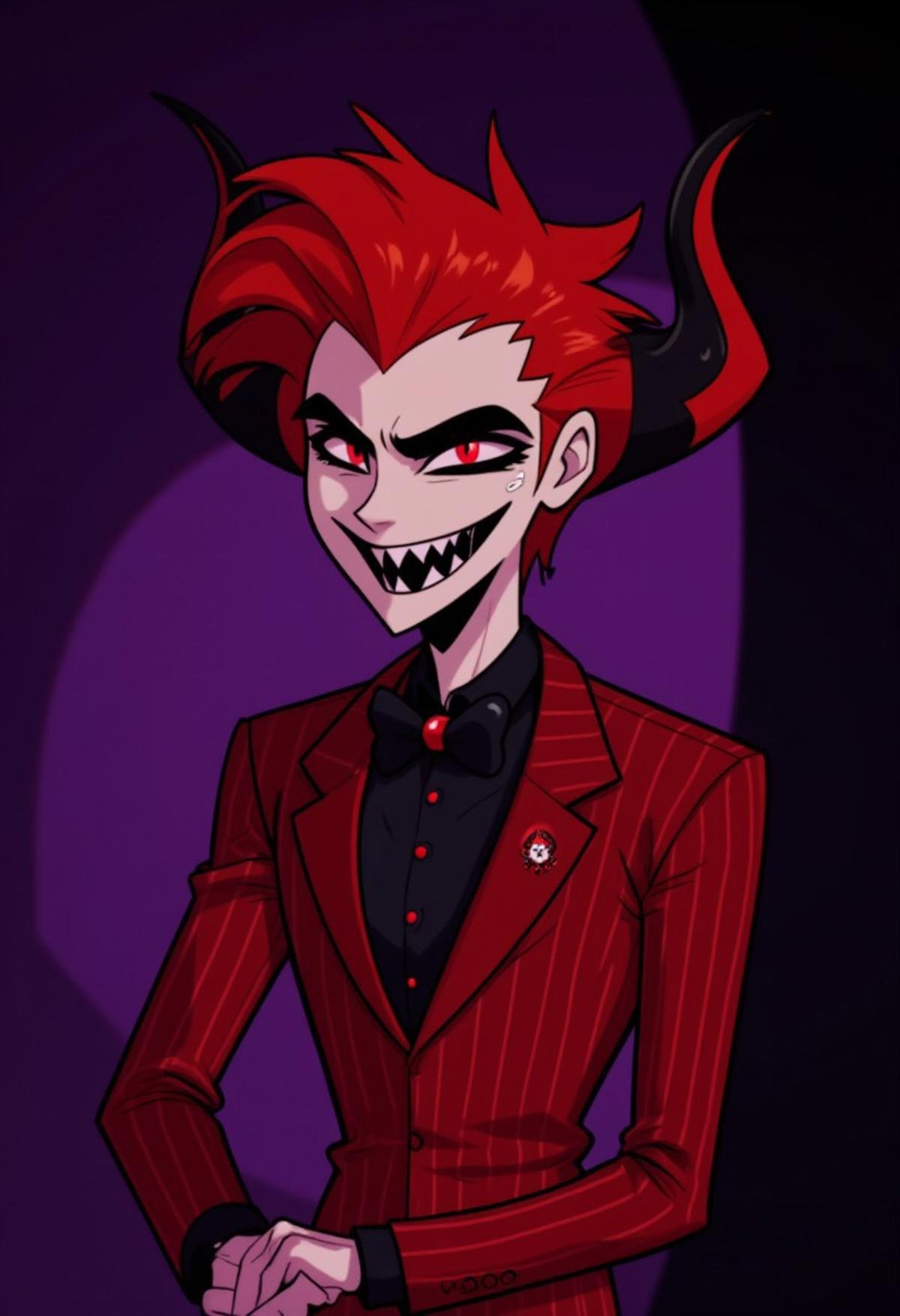 (hhstyle), a male with bright red hair styled in a spiky, exaggerated manner and large, pointed black ears with red inner linings. His eyes are a striking red, with narrow, slanted pupils. He has a wide, toothy grin, revealing sharp, white teeth. He is dressed in a red, pinstriped suit with a black collar and cuffs, a black bow tie, and a red lapel pin. His left hand is raised,  while his right hand rests on his hip. There is a purple to black purple gradient background behind him.