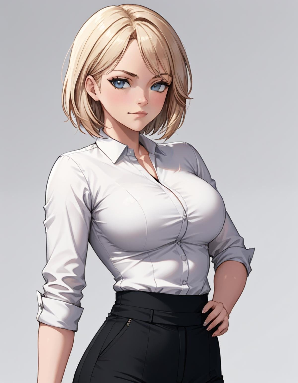 profjen from the waist up in a white shirt and black pants, <lora:Prof_Jen_SDXL-000006:0.6>