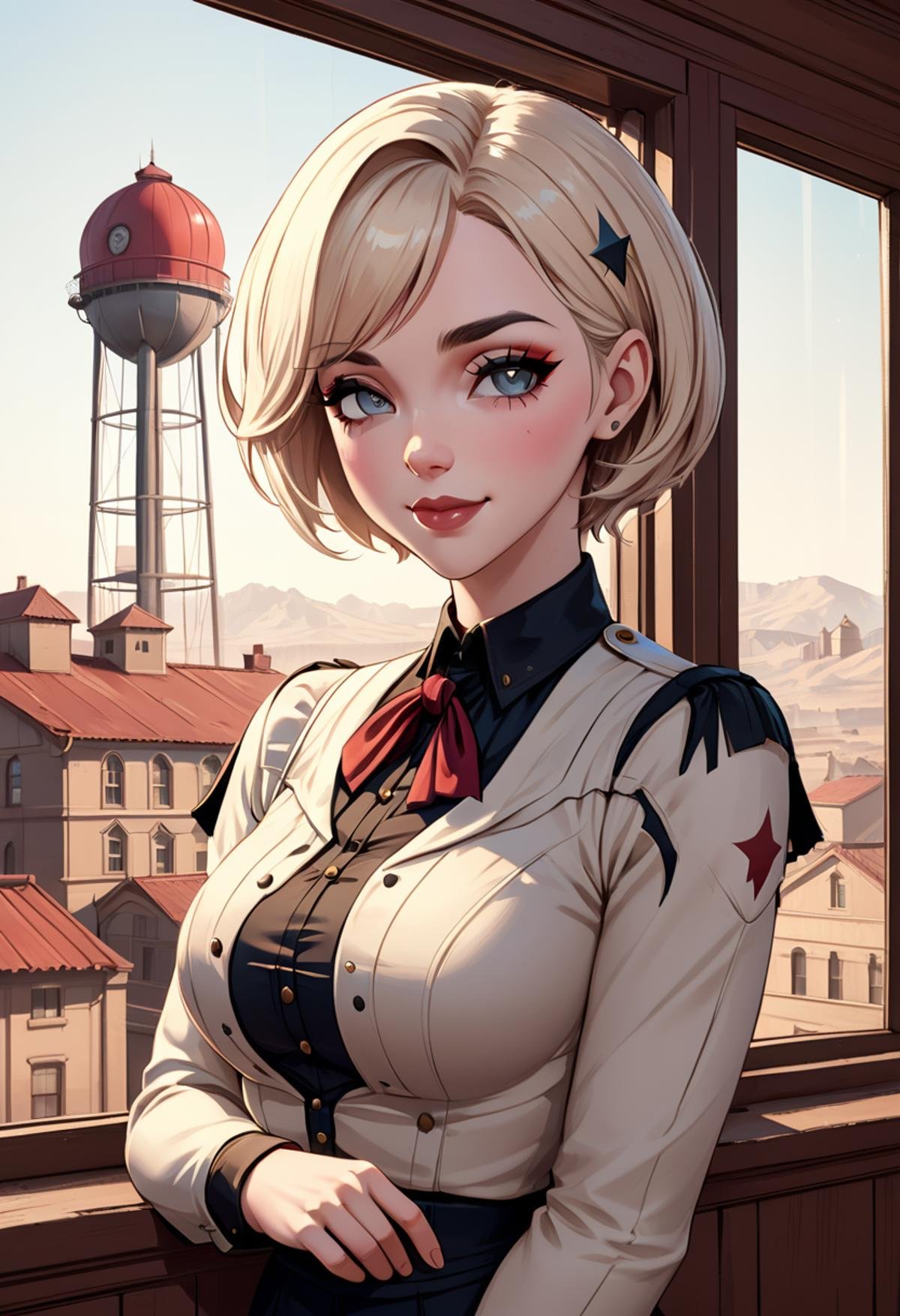 light academia aesthetic trending on polycount, facial expression, loving, smile, upturned lips,  style of tom bagshaw, red dead redemption art style, in the midst of a beige background, street scene with water tower, reflecting the ambient light. profjen is positioned in front of a large window, airy, scholarly, classic literature, soft pastels  <lora:Prof_Jen_SDXL-000006:0.6>