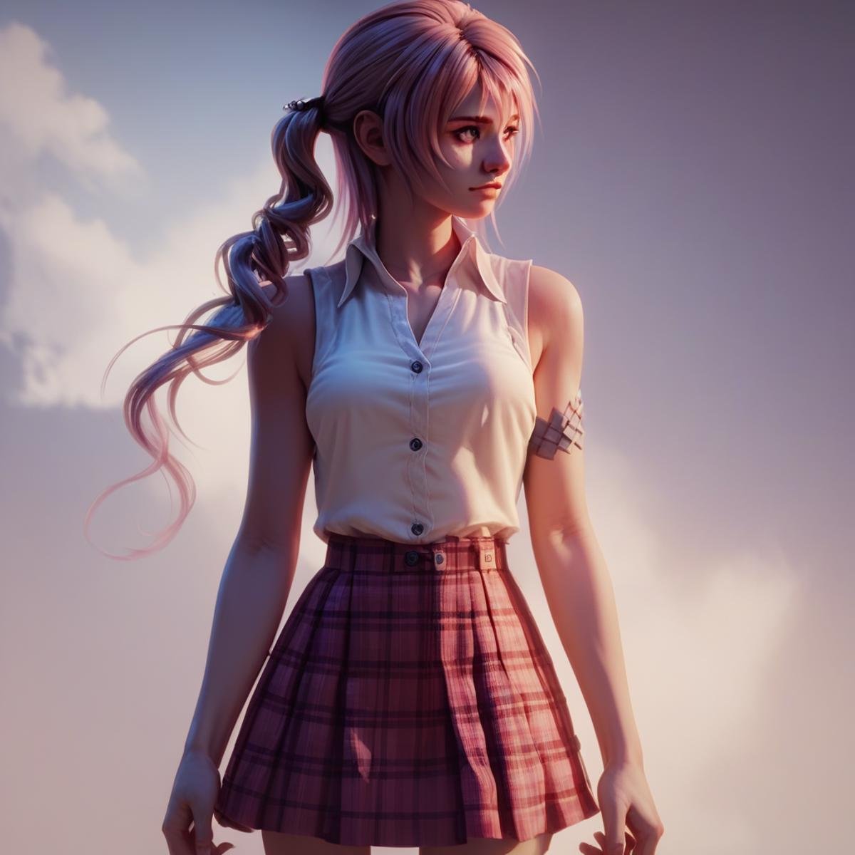 score_9, score_8_up, score_7_up, score_6_up, 1girl, serah13, solo, cowboy shot, sleeveless shirt, plaid skirt