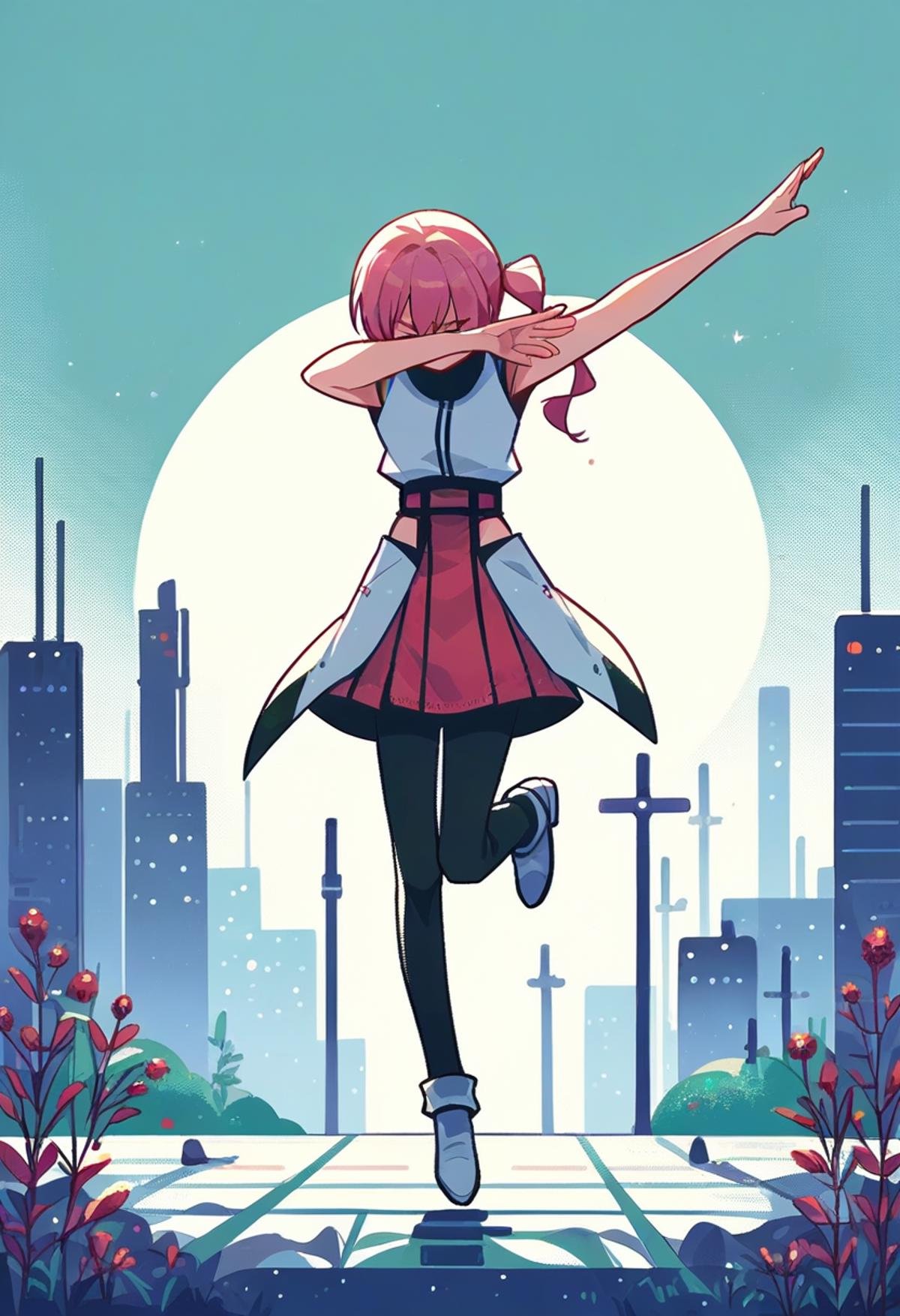 score_9, score_8_up,score_7_up, source_anime, 1girl, solo, looking down,<lora:EPdab:0.8>, epdabbing, outstretched arm, covered face, closed eyes, standing on one leg, standing,serah13, cybernetic city <lora:Serah_Farron_Final_Fantasy_13:0.7> <lora:PonyMinimalStyle:1> MinimalStyle