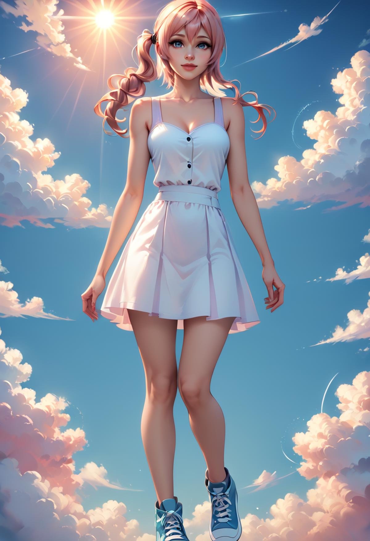 zPDXL2, rating_safe,   <lora:sc3n3ryXLP:0.8> sc3n3ry, heaven, sunshine, clouds, 1girl, full body, line art drawing, serah13, vector art, flat coloring, vivid colors, stunning background, detailed background <lora:Serah_Farron_Final_Fantasy_13:0.7>