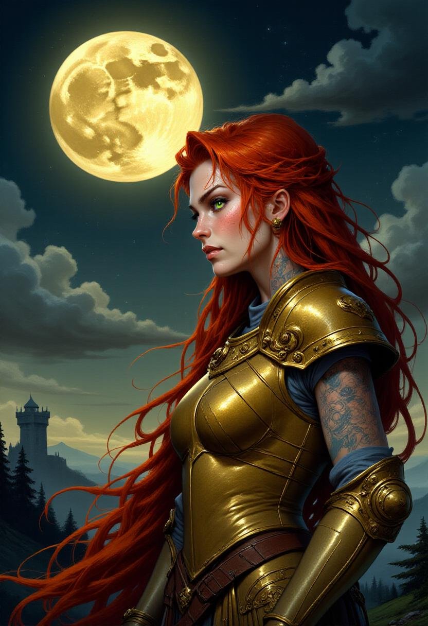 alieffp_v2 profile view art of a red haired, green eyed female knight wearing golden armor, standing outside a stone castle keep at night, with a full moon and stars in the sky. <lora:Flux_Fantasy_Portraits_V2:1>