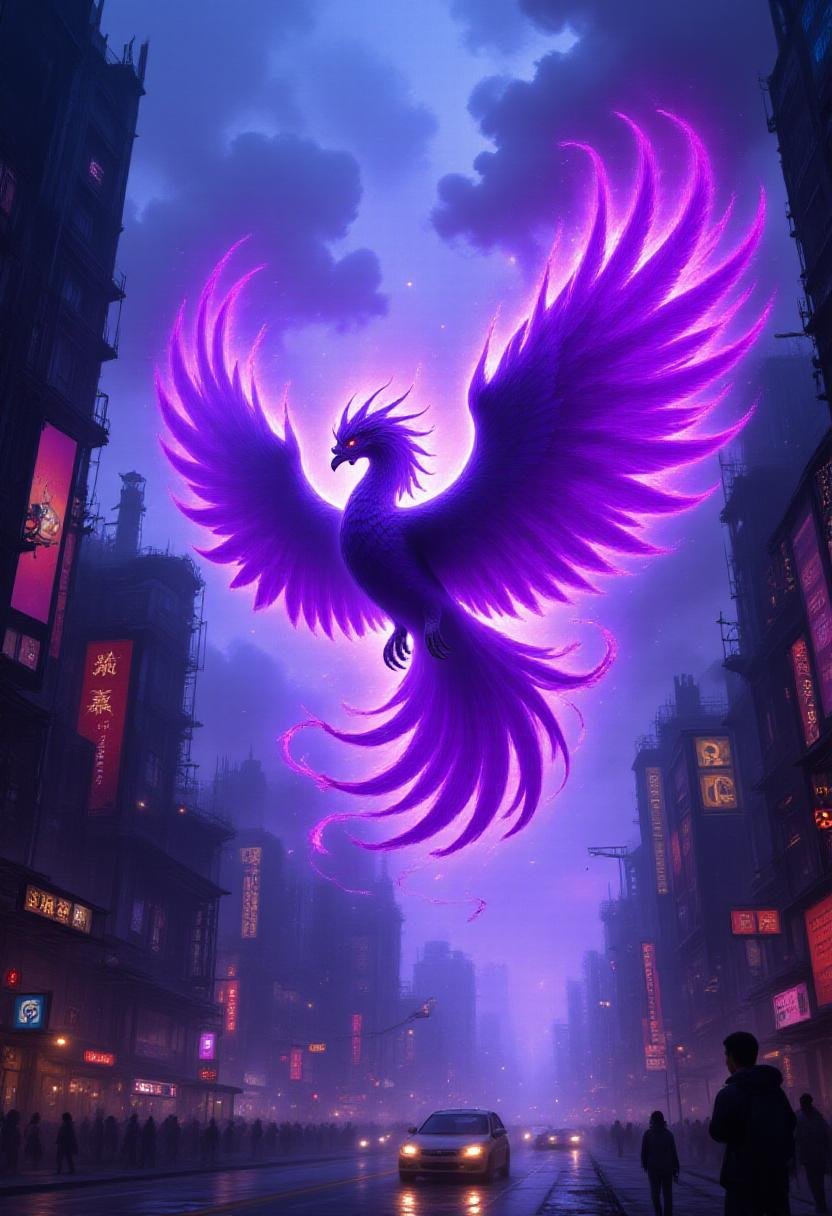 <lora:Flux_Fantasy_Portraits_V2:1> alieffp_v2, a majestic purple phoenix in mid-flight, surrounded by swirling AI-coded clouds, with hints of electric blue and neon pink undertones, set against a dystopian futuristic cyberpunk cityscape at night. Neon-lit skyscrapers, holographic advertisements, and bustling streets filled with flying cars and pedestrians create a dense, atmospheric backdrop. 