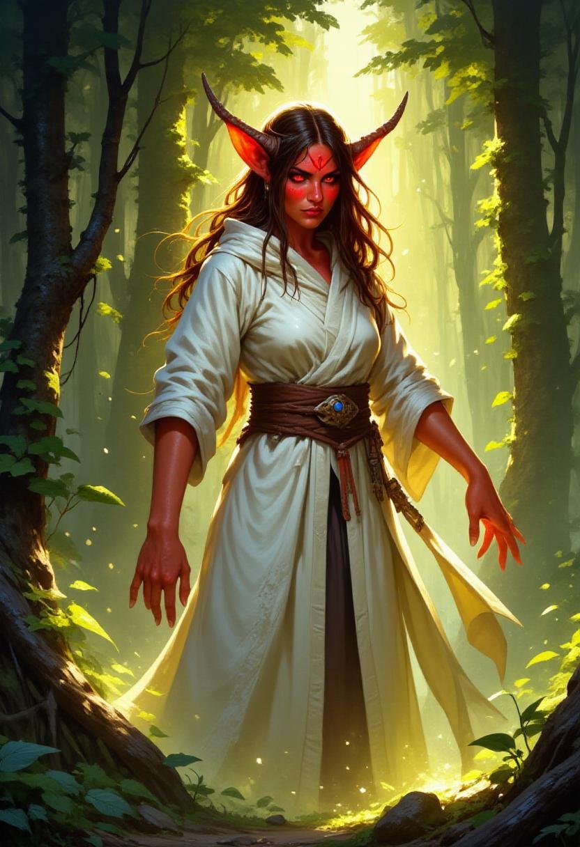 alieffp_v2, A red-skinned female tiefling wizard wearing a white mage's robe with the hood down casting a healing magic spell in a sunlight dappled forest <lora:Flux_Fantasy_Portraits_V2:1>