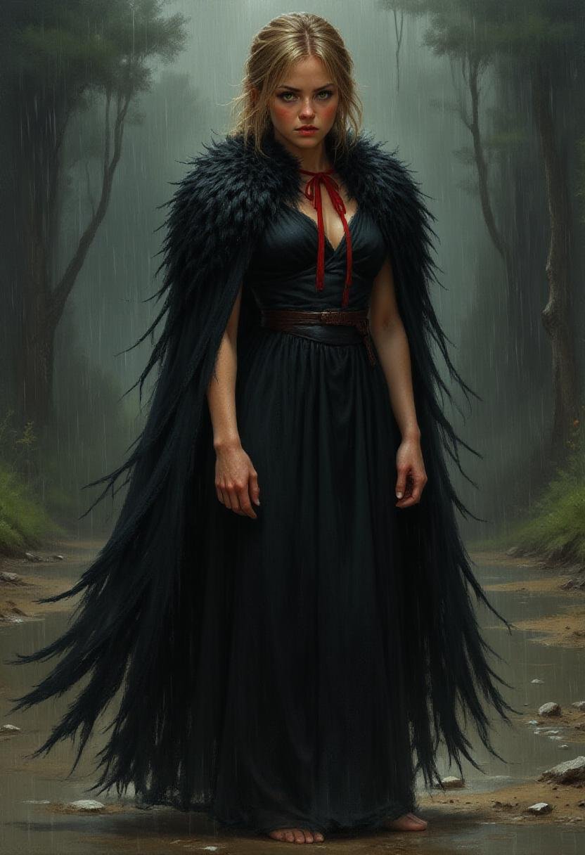 <lora:Flux_Fantasy_Portraits_V2:1> alieffp_v2 A painting of a woman is standing in the rain. The woman is wearing a black dress with a cape over it. The cape is black and has feathers on it. There is a red ribbon around the neck of the dress. The ground is wet and there are raindrops on the ground.