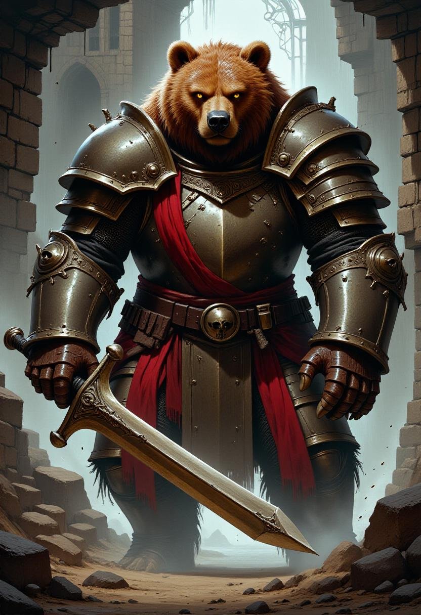 <lora:Flux_Fantasy_Portraits_V2:1> alieffp_v2,  a large grizzly bear knight with heavy armor wielding a greatsword in a castle. 