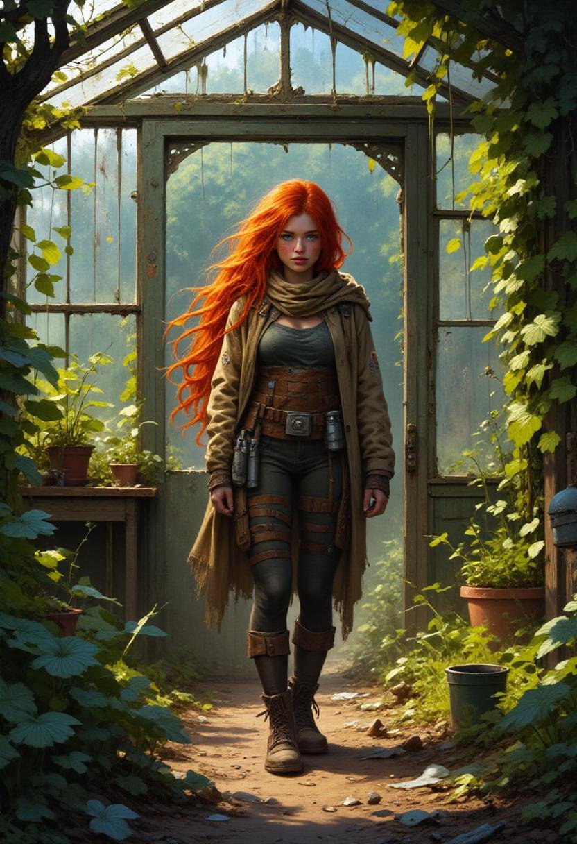 <lora:Flux_Fantasy_Portraits_V2:1> alieffp_v2 Concept art of a redheaded woman wearing shabby Scout Gear, Binoculars, hooded cloak, lightweight boots, leggings, utility belt. fringe hair, in a post-apocalyptic neglected greenhouse with shattered glass and overgrown plants