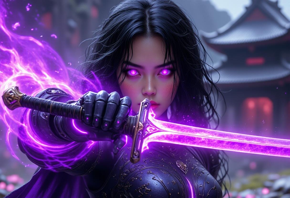 <lora:Flux_Fantasy_Portraits_V2:0.7> alieffp_v2, A cinematic shot of a beautiful asian woman cyborg, detailed face features, black hair, robotic arms, robotic legs, holding a purple glowing katana by the handle in attacking pose, purple fire around the katana blade, best quality, amazing details, temple in background <lora:FluxFantasyKnightsV1:0.8> hkstyle