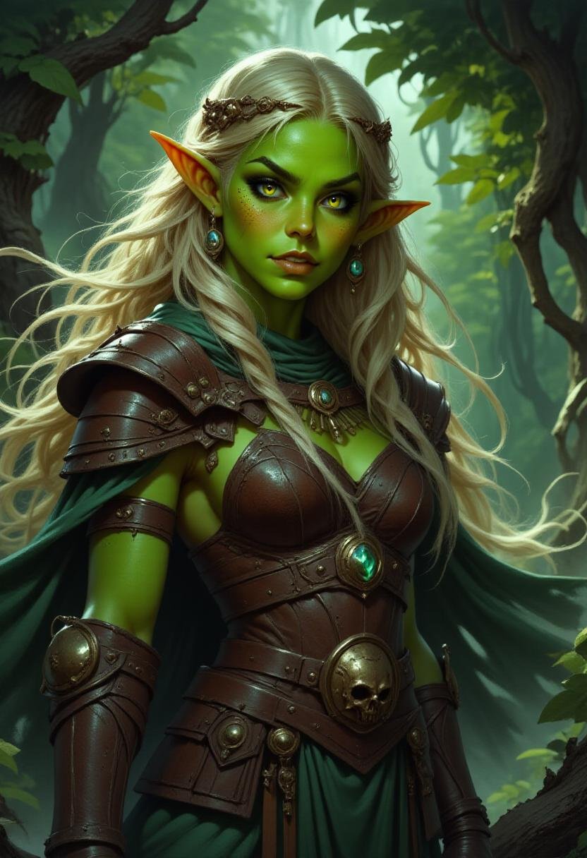 alieffp_v2, portrait of a green-skinned orc woman wearing leather armor, in a forest background <lora:Flux_Fantasy_Portraits_V2:1>