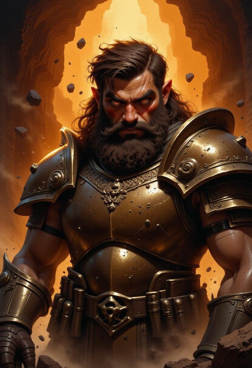 <lora:Flux_Fantasy_Portraits_V2:1> alieffp_v2, a waist up portrait of a stout bearded earth element warrior from a fantasy kingdom in a grim and dark fantasy setting. He wears heavy bronze armor and oversized powerful gauntlets cover his hands. He is in an underground cave of brown and orange hues, and the air is filled with floating rocks