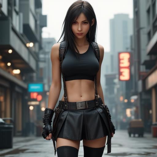 A full body photograph of Tifalockhart wearing her crop top, suspenders, thighhighs and skirt. There is a dystopian urban background behind her.