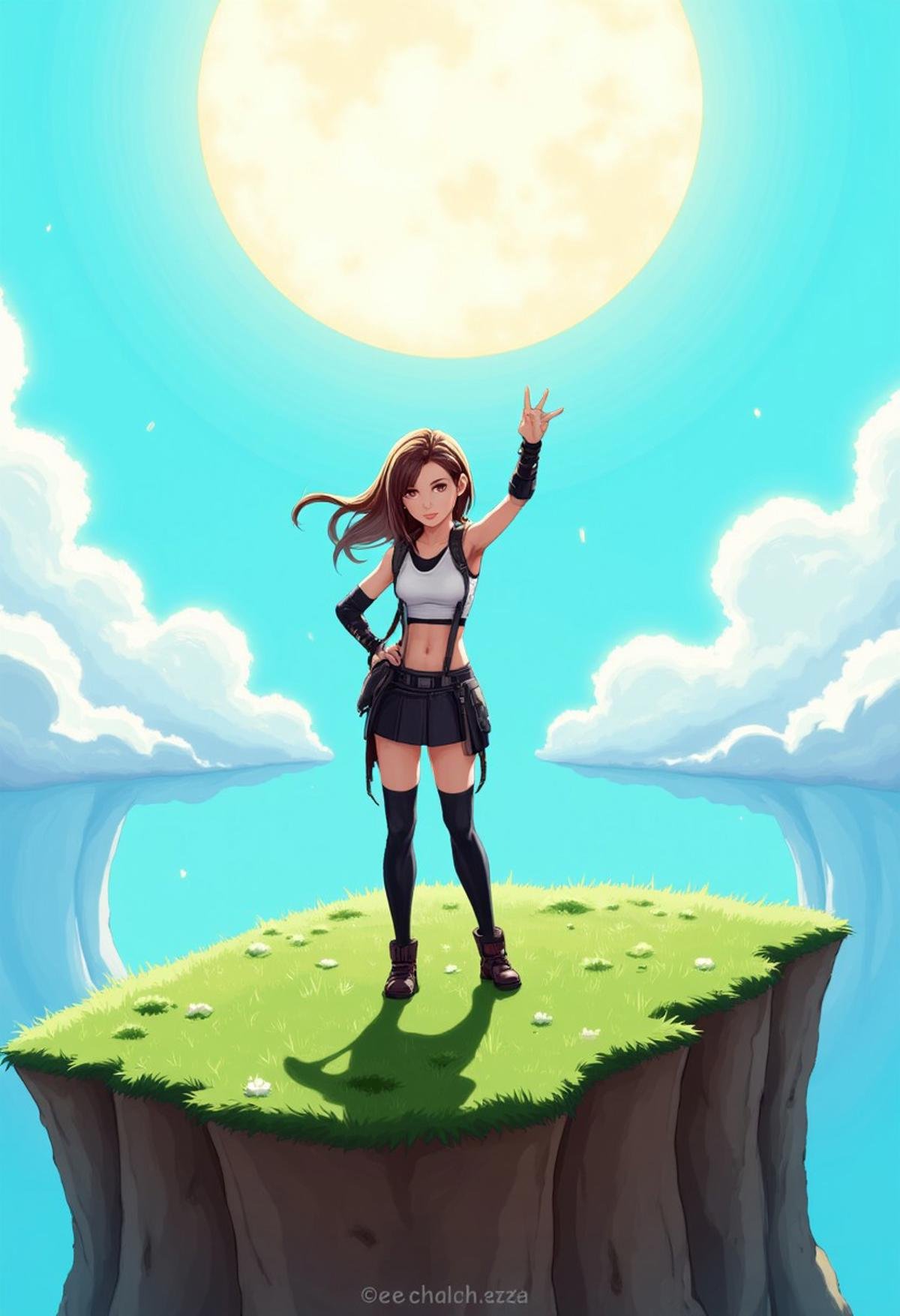 A vibrant, pixelated screenshot of TifaLockhart standing atop a grassy cliff with the sun shining down on her. Her hair is blowing in the breeze, and she is giving a peace sign with her fingers. She is wearing a white croptop, suspenders, a black skirt, and thighhighs.