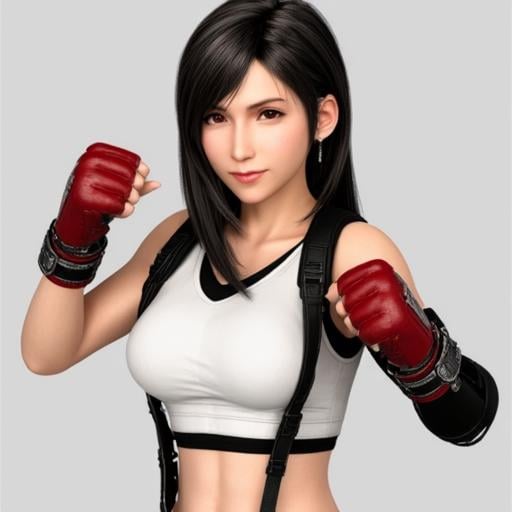 An upper body portrait of TifaLockhart wearing her white crop top and black suspenders. She has red fingerless gloves on her hands, which she holds up in a boxer's stance.