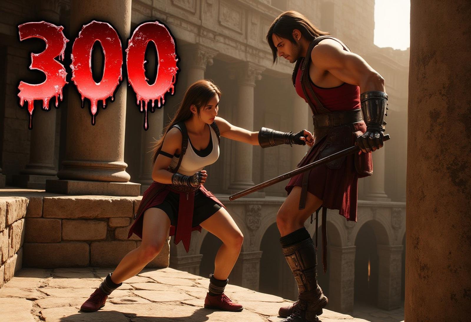 A profile view of Tifalockhart standing in an ancient roman city, delivering a powerful front kick to a man standing at the edge of a pit, with the number "300" in jagged, bloody red letters above them.