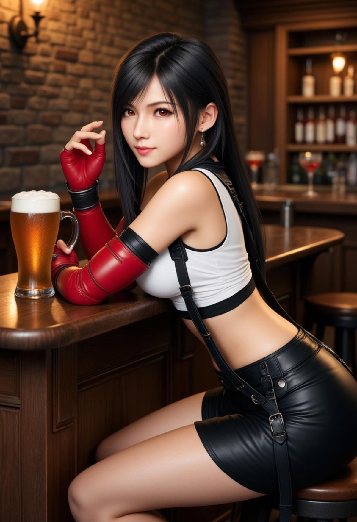 A photograph of Tifalockhart sitting at a rustic bar, leaning on the counter, a mug of beer next to her. She is wearing her white croptop amd suspenders, red fingerless gloves, and a black skirt. The picture take in a profile view, and she is looking at the viewer.