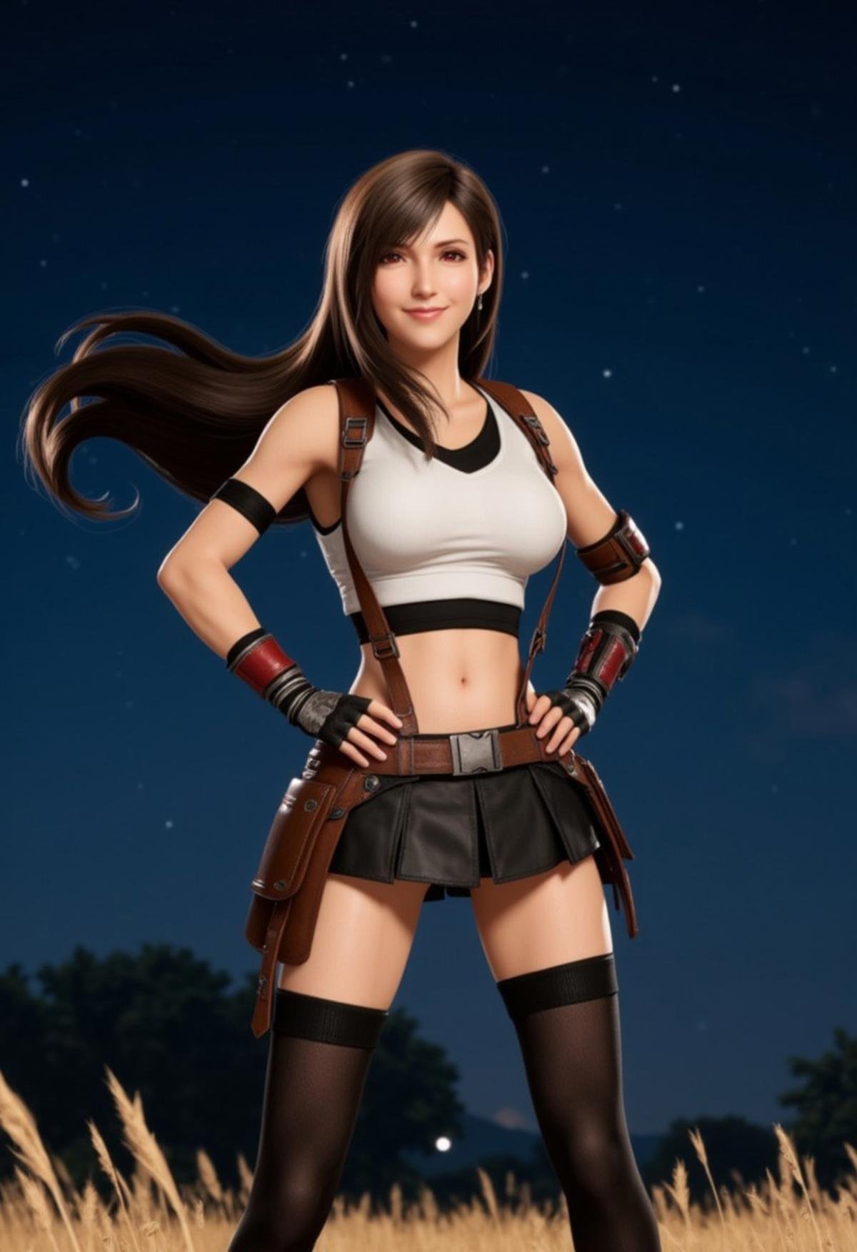 Photograph of TifaLockhart standing with her hands on her hips, wearing a white croptop, suspenders, black skirt and thighhighs. She has a victorious smile, and her hair is blowing in the wind behind her. She is standing in a field at night under a starry sky.