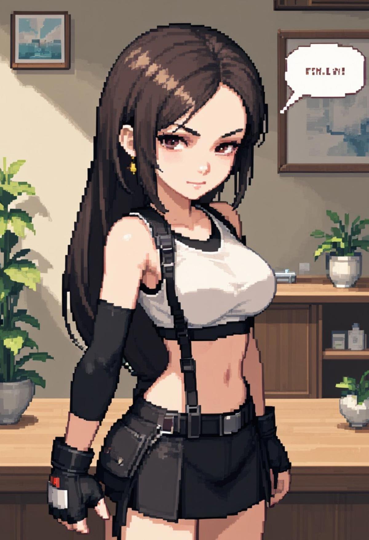 pixel art, profile view of TifaLockhart wearing a white croptop, suspenders, black skirt and thighhighs, black hair, facing sideways, fingerless gloves, in a boxer's stance, indoors. There is a text box above her that says "FINAL HEAVEN"