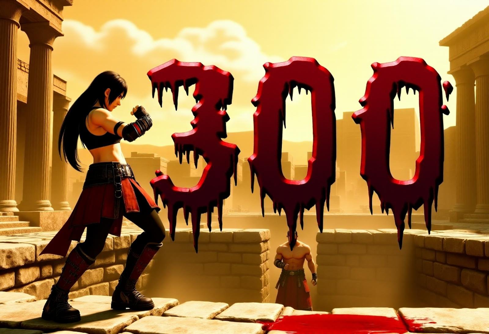 A profile view of Tifalockhart standing in an ancient roman city, delivering a powerful front kick to a man standing at the edge of a pit, with the number "300" in jagged, bloody red letters above them. <lora:Tifa_on_Flux:1> 