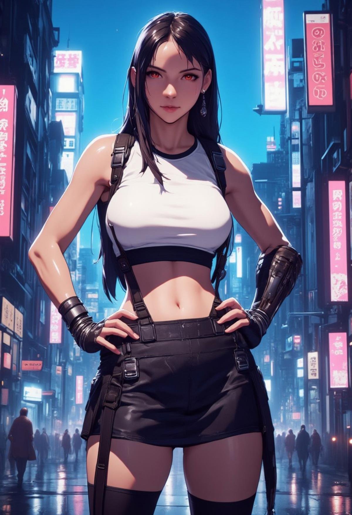 cyberpunk anime image of  TifaLockhart standing with her hands on her hips, facing camera, wearing a white croptop, suspenders, black skirt and thighhighs, in a neon-lit city.