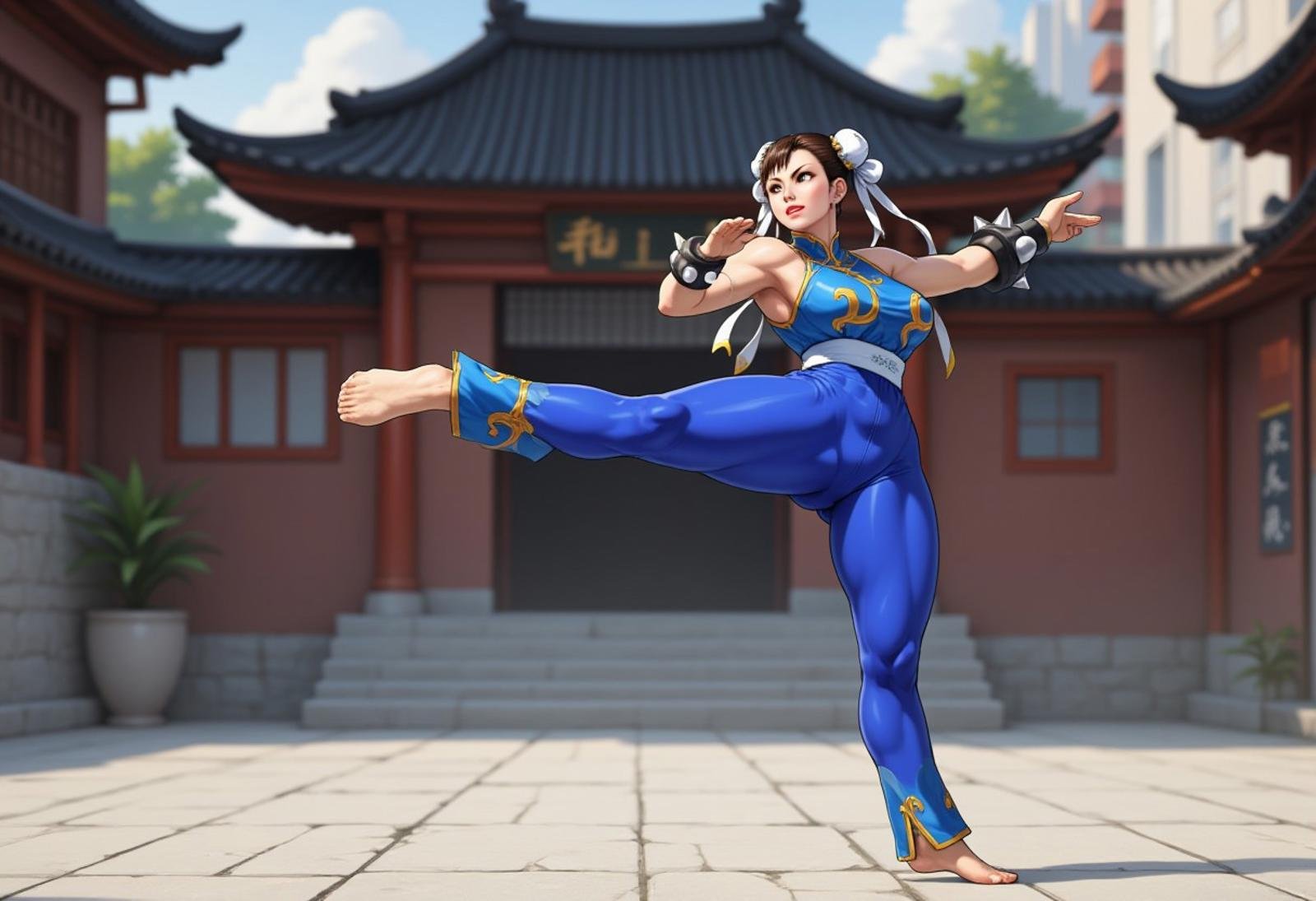 Chunli on one foot, profile view, high kick, kicking, blue sleeveless halter top, blue-full-leotard, tight blue leggings, spiked bracelet, temple background, barefoot