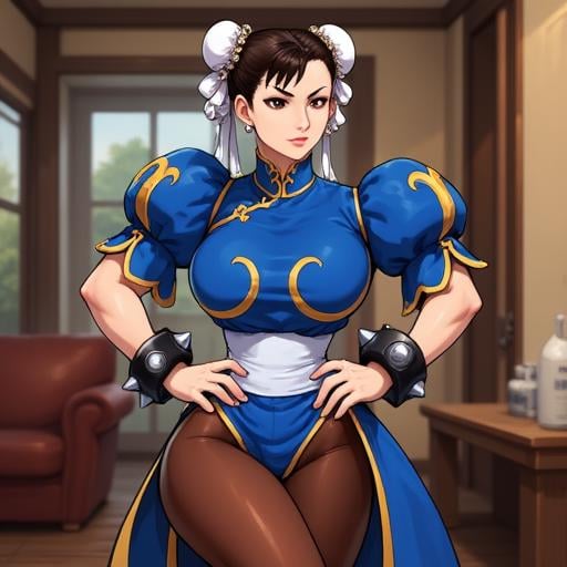 Anime image of Chunli wearing her classic blue dress, pantyhose, hands on hips, spiked bracelet, thigh-shot, indoors