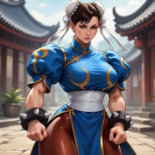 An image of Chunli  in a battle stance, wearing her classic blue dress, with pelvic curtain and pantyhose. There is her spiked bracelet on her wrists.  She is standing in front of a temple background.