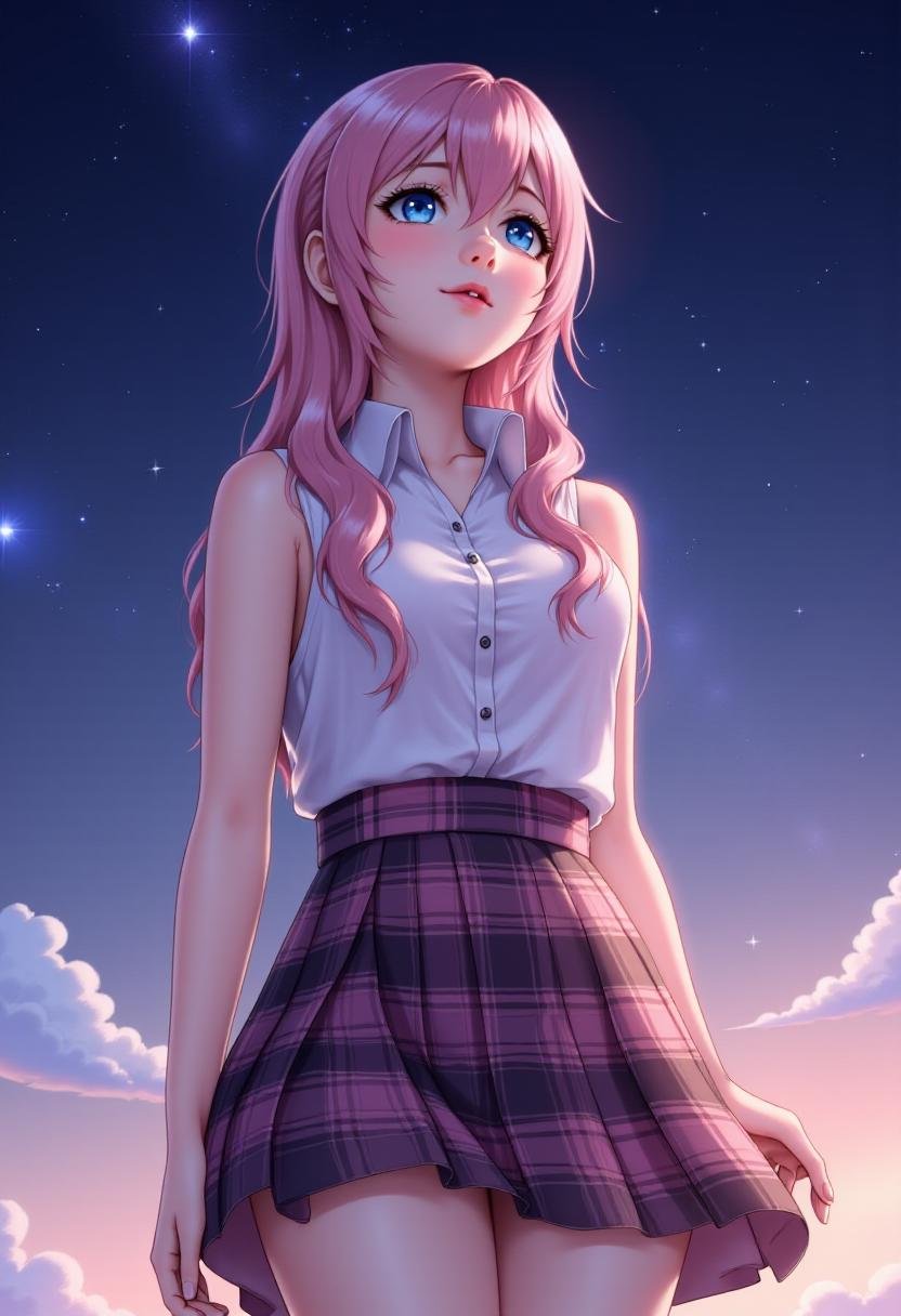 <lora:Serah_Farron_FX-000001:1> serah13, wearing a white sleeveless button up top and tartan skirt, looking up towards a starry sky