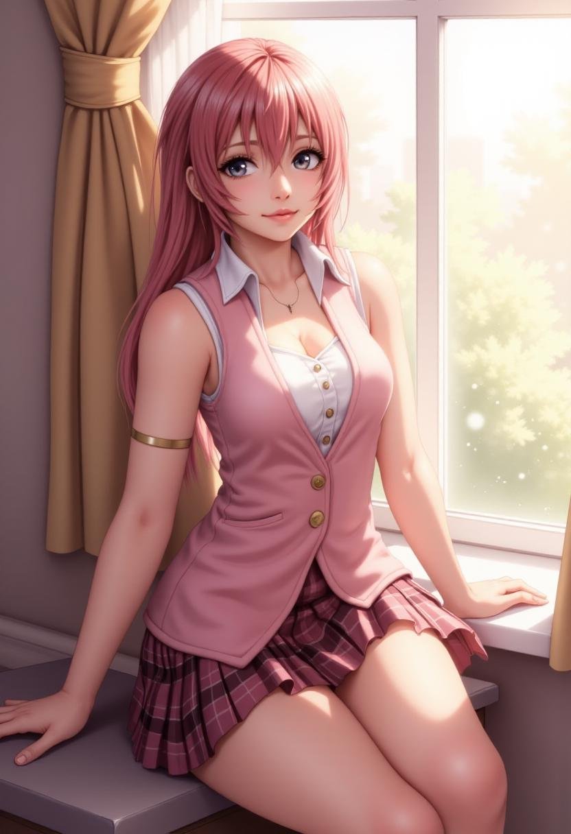 <lora:Serah_Farron_FX-000001:1> serah13, wearing a white sleeveless button up top, pink vest and tartan skirt, sitting on a windowsill with the sun shining on her