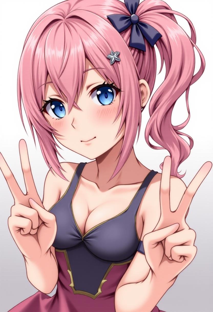 <lora:Serah_Farron_FX-000001:1>  A smiling serah13 with a side ponytail, showing a double peace sign