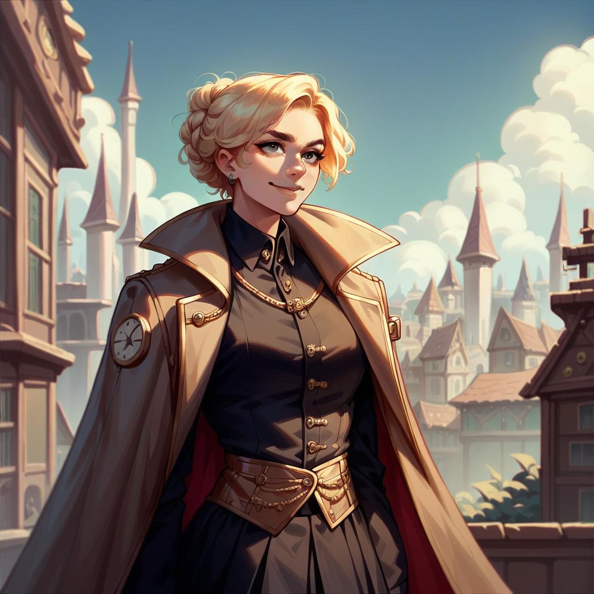 score_9. score_8_up. score_7_up. score_6_up. score_5_up, solo, profjen, standing, slight smile, artificer, steampunk coat, black shirt, fantasy city background <lora:Prof_Jen_PDXL-000009:0.6>