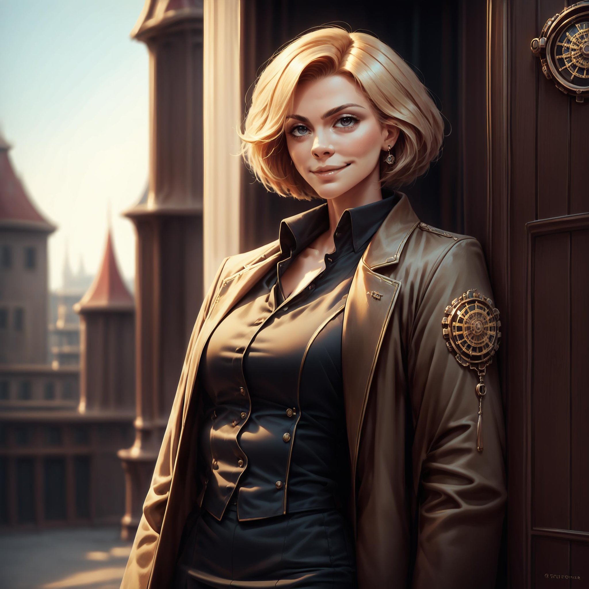 score_9. score_8_up. score_7_up. score_6_up. score_5_up, solo, profjen, standing, slight smile, artificer, steampunk coat, black shirt, fantasy city background <lora:Prof_Jen_PDXL-000009:1>