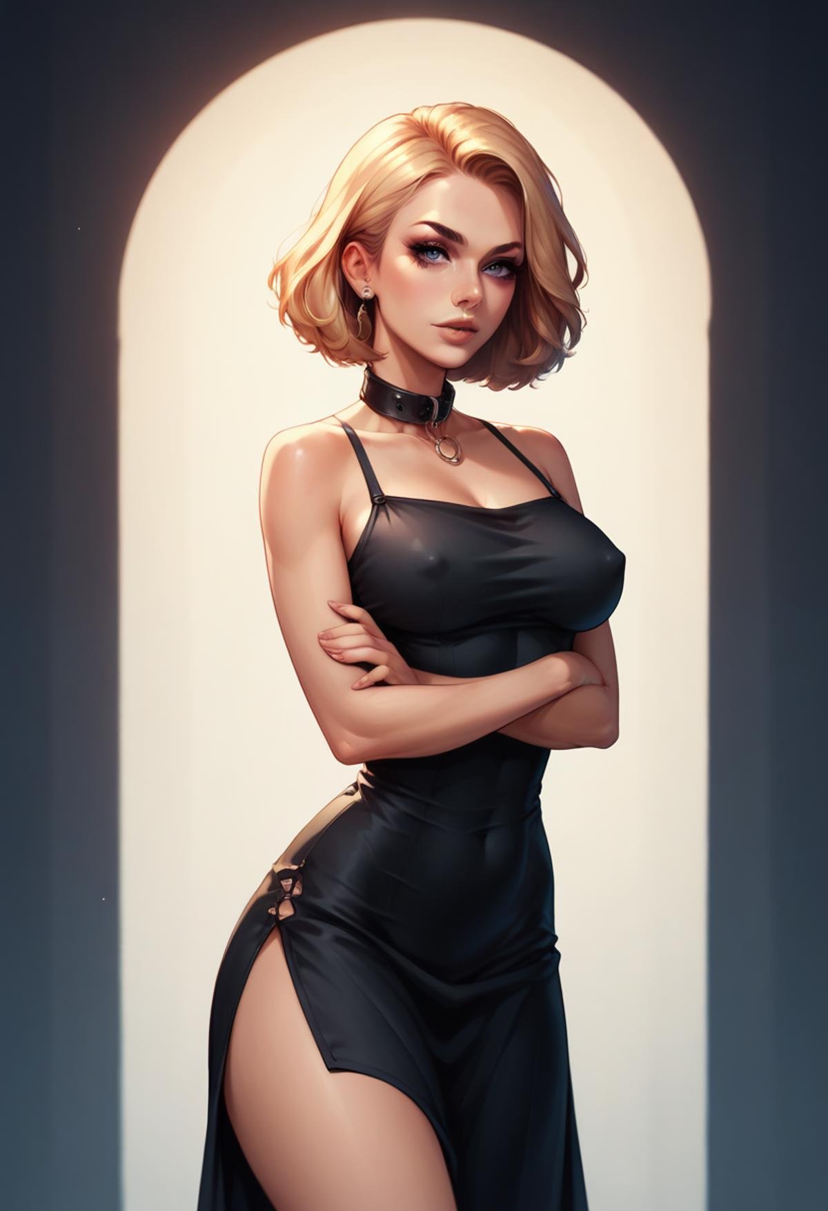 score_9, score_8_up, score_7_up, score_6_up, 1girl, solo, psychedelic and trippy background, profjen, flirty, seductive, covered nipples, black dress,  collar, thigh slit dress, long dress, arms crossed <lora:Prof_Jen_PDXL-000009:0.6>