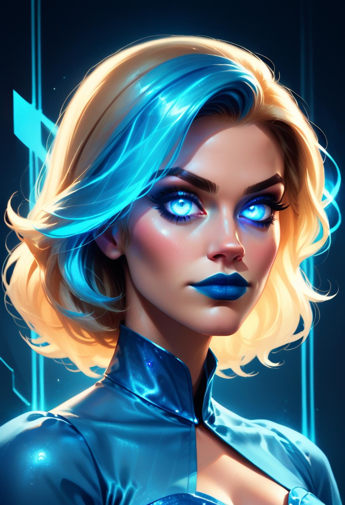 (score_9_up, score_8_up), score_7_up, upper body portrait, 1girl,profjen, glowing neon blue dress, glowing neon blue lipstick, rating_safe,  <lora:Prof_Jen_PDXL-000009:0.6>