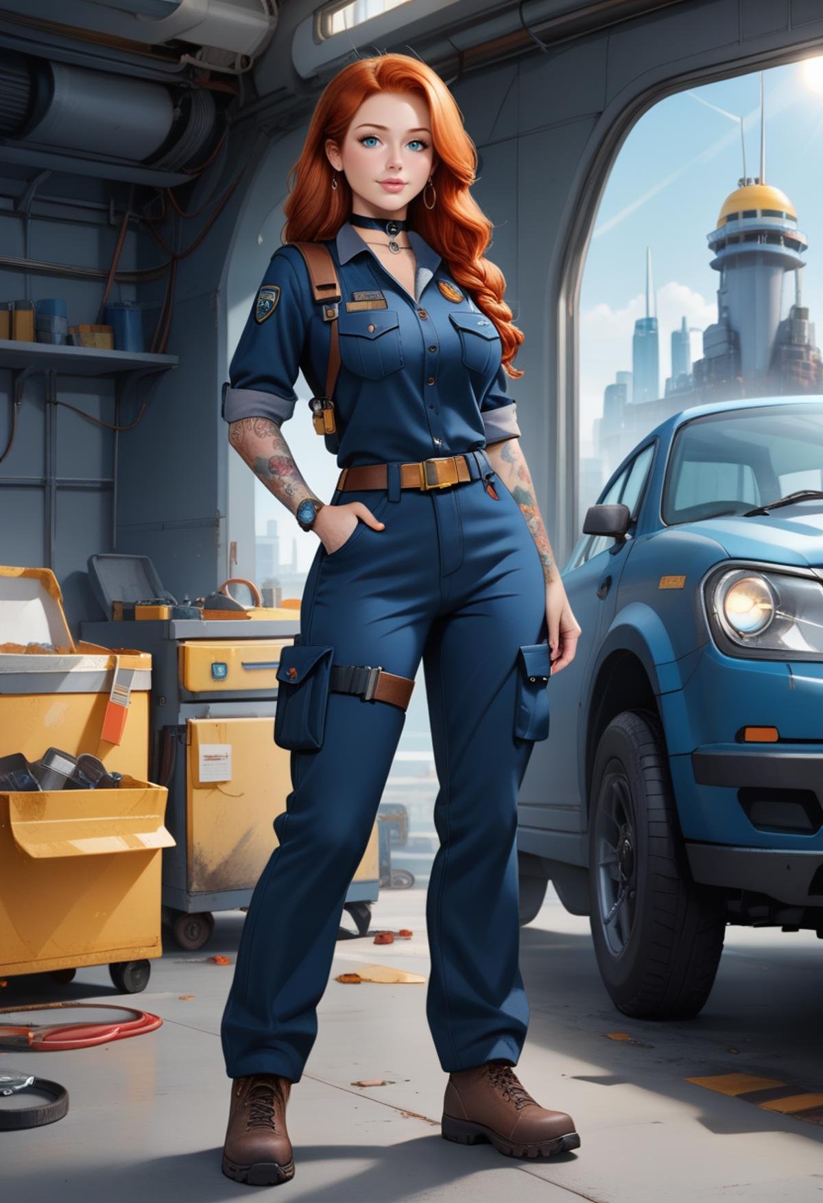 score_9, score_8_up, score_7_up, score_6_up, score_5_up, score_4_up, solo, natnoobdy, mechanic, welder uniform, tattoos, choker collar, redhead, cute, ( five fingers:1.2), goth, full body shot, sci-fi, mechanic, futuristic, inside spaceship, sci-fi setting,, repair, uniform, welding pants, construction pants, cargo pants, tool belt, tools, <lora:Nat_Nobody_-_PDXL:0.7>