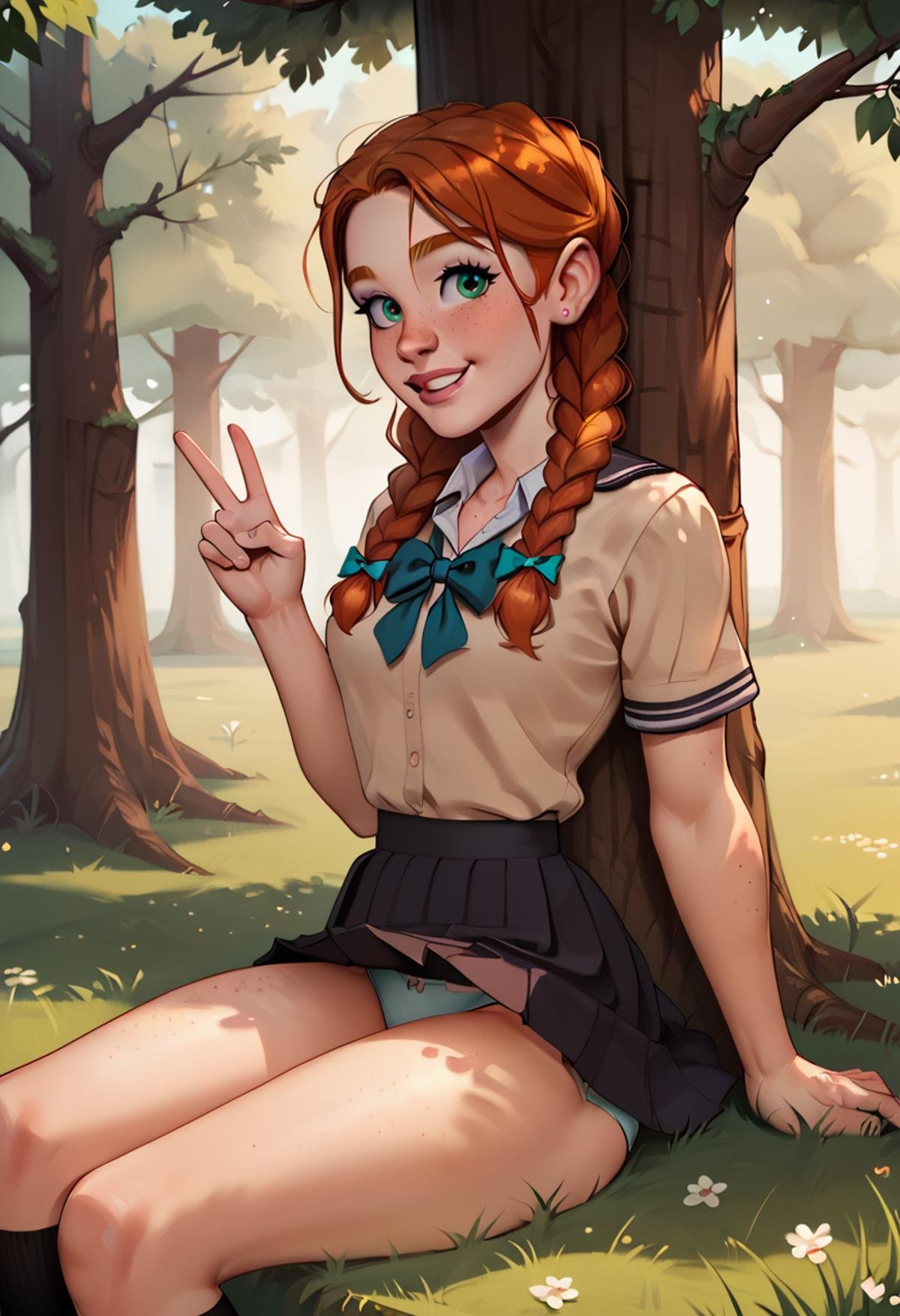 score_9, score_8_up, score_7_up, score_6_up, score_5_up, score_4_up, natnobody, sexy, kawaii, smiling, school uniform, perfect cute face, thighs, freckles, pale skin, twin braids, blushing, sitting under tree, sitting on grass, side view, happy girl, panties, peace sign <lora:incase_style_v3-1_ponyxl_ilff:0.8> <lora:Nat_Nobody_-_PDXL:0.6>