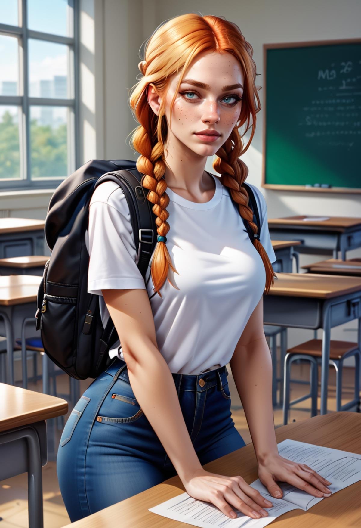 zpdxl2, natnobody, twin braids, classroom, white t-shirt, black jeans, backpack, rating_safe <lora:Nat_Nobody_-_PDXL:0.7>