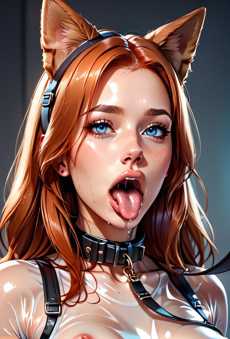 masterpiece, best quality, 1girl, natnobody, bodysuit, half body, shiny skin, exposed skin, wet body, see through top, wet top, nsfw, sideways glance, high resolution, ultra quality, highly detailed eyes, highly detailed mouth, hd, 8k, erect nipple, (stick out tongue), ((dog collar)), (leash collar), (BDSM), (drooling), (dog ears), score_9, score_8_up, score_7_up <lora:Nat_Nobody_-_PDXL:0.6>