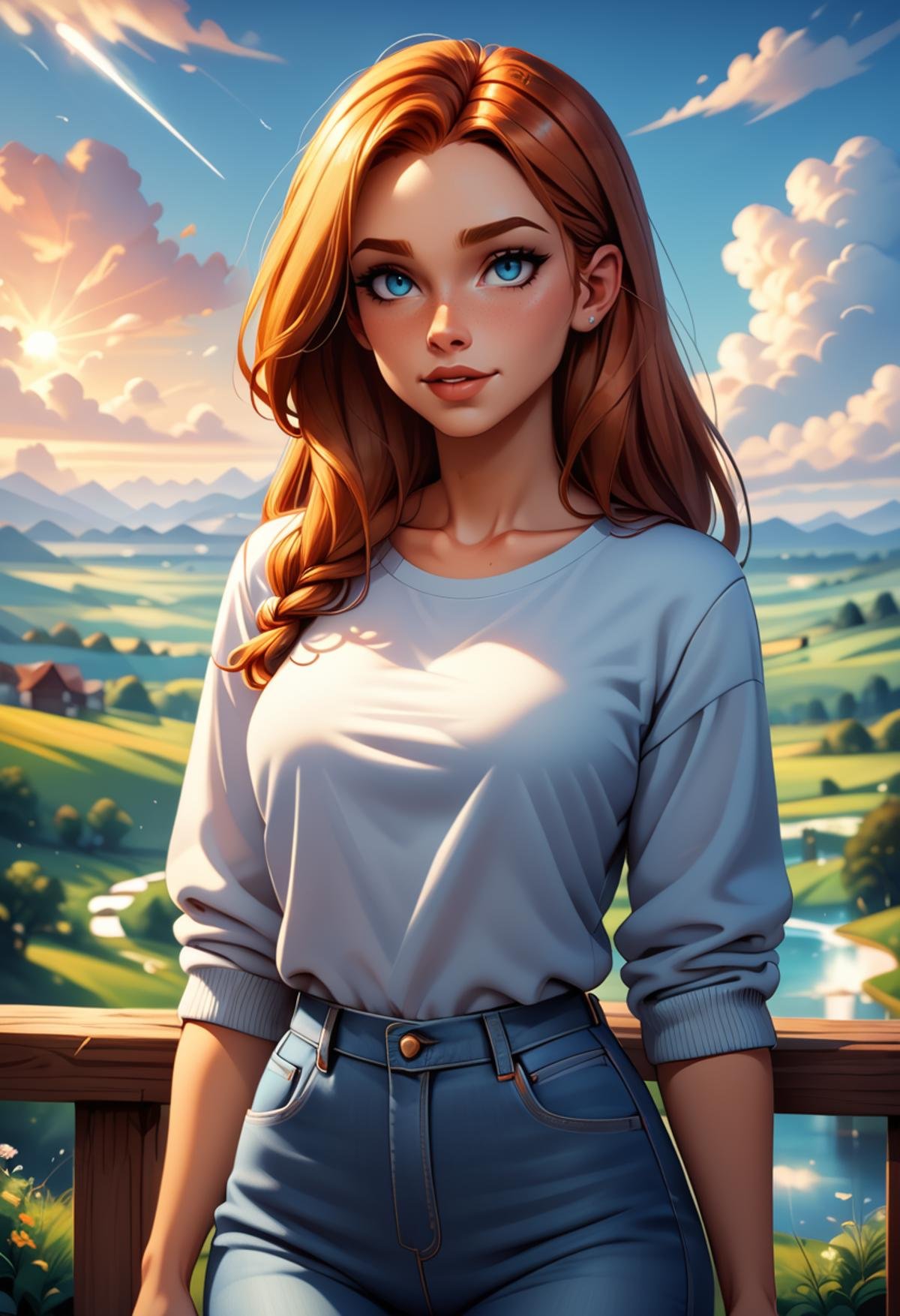 zPDXL2, rating_safe,   <lora:sc3n3ryXLP:0.8> sc3n3ry, heaven, sunshine, clouds, 1girl, full body, line art drawing, natnobody, redhead, vector art, flat coloring, vivid colors, stunning background, detailed background <lora:Nat_Nobody_-_PDXL:0.7>