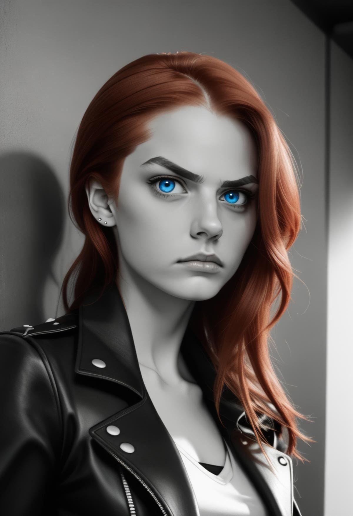 zPXL2, monochrome, black and white picture of natnobody showing her face and torso, wearing a leather jacket, (bright red hair, piercing blue eyes:1.3), serious look, dimly lit, shadow, cinematic shot, film still  <lora:Nat_Nobody_-_PDXL:0.6>