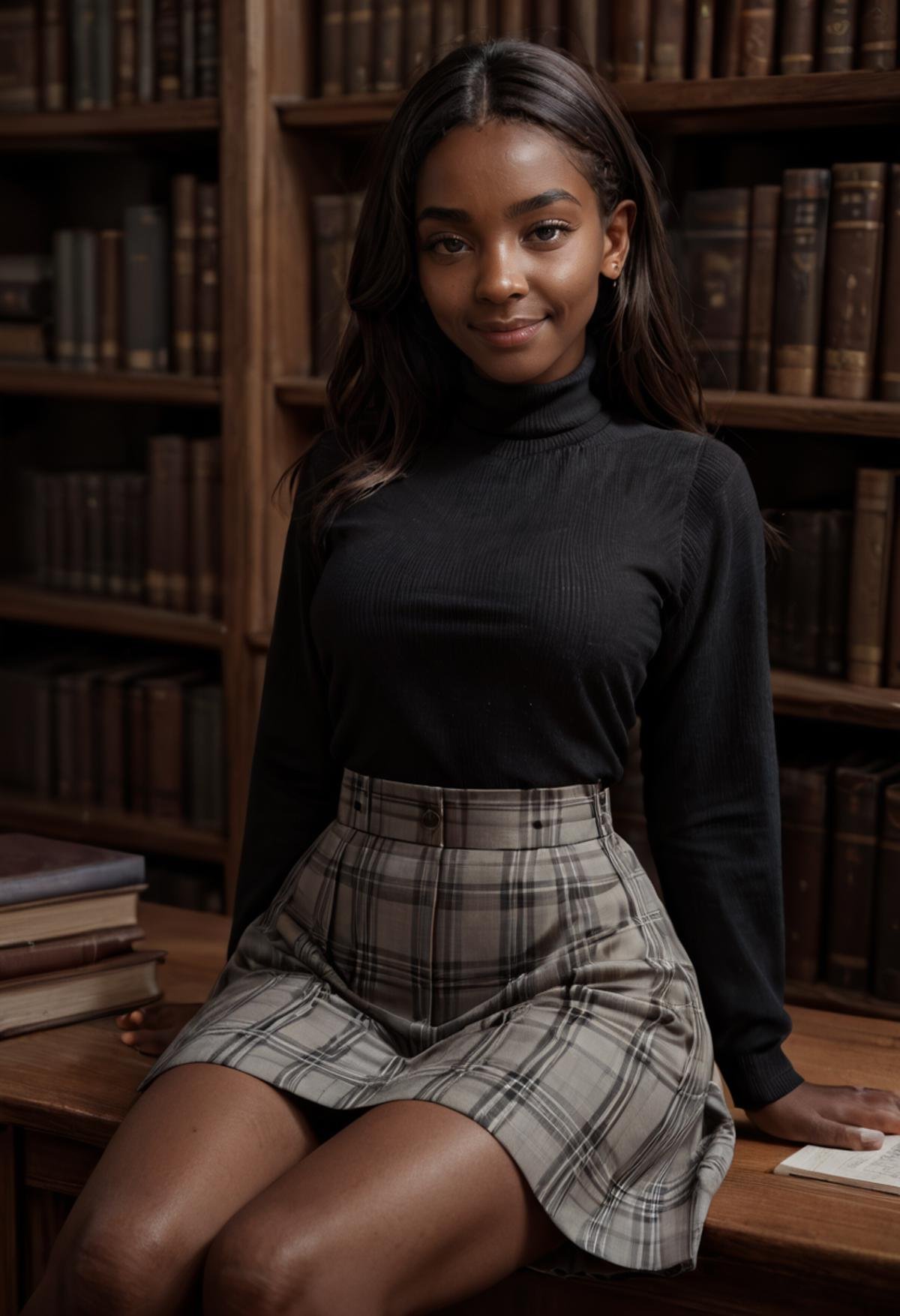 zpDXL2, j4d4, smile, straight hair, dark skin, sitting, library, black turtleneck, plaid skirt <lora:Jada_Nobody_-_PDXL:0.7> 