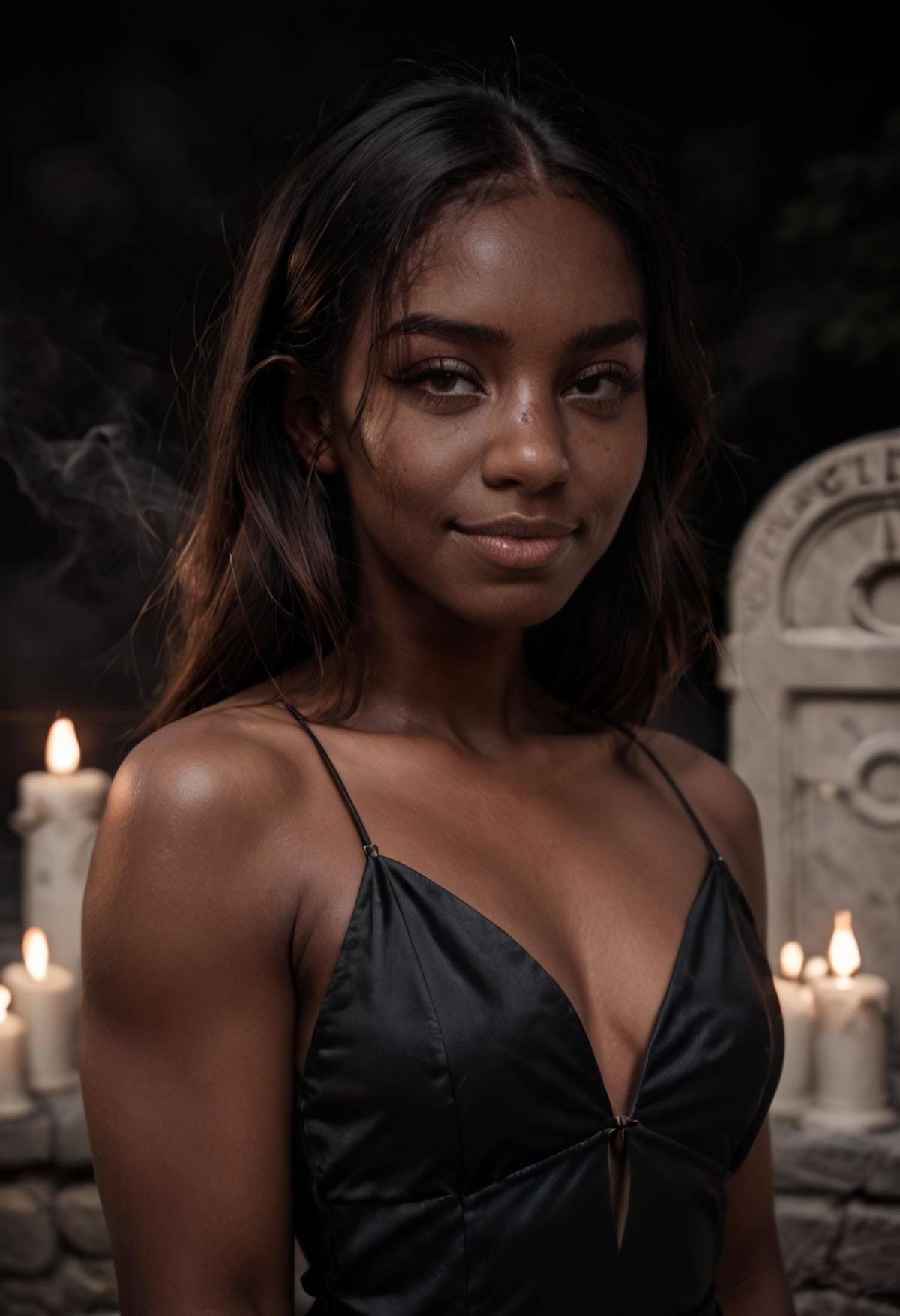 zPDXL2, j4d4, dark skin, smile, black dress, cemetery, <lora:Jada_Nobody_-_PDXL:0.7>  <lora:43stl1ght1ngXLP2:0.6> 43stl1ght1ng, low light, dramatic lighting, smoke