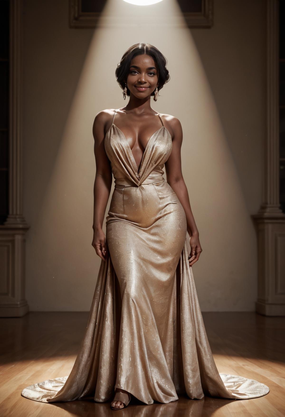 zPDXL2, j4d4, dark skin, smile, evening gown, ballroom, spotlight <lora:Jada_Nobody_-_PDXL:0.7>  