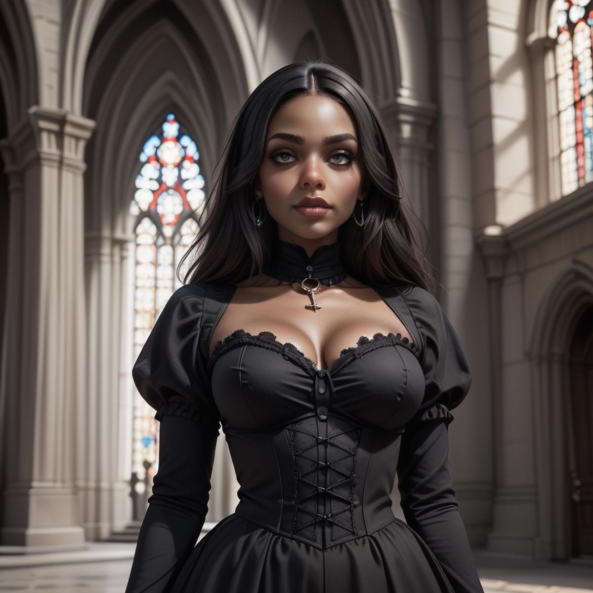 zPDXL2, rating_safe, j4d4, dark skin, waist up, detailed background, gothic cathedral  <lora:Jada_Nobody_-_PDXL:0.6>